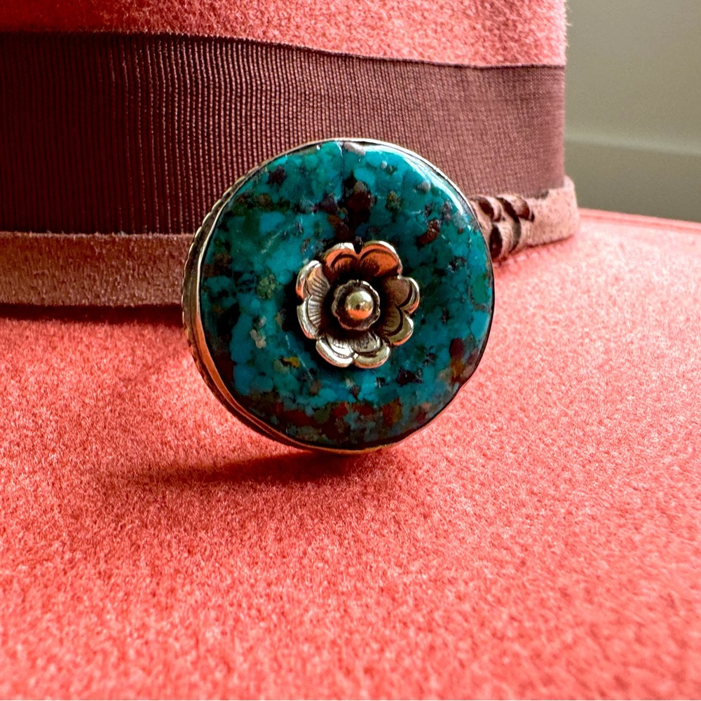 Tibetan Silver Turquoise Boho Statement Ring Flower Accent- Adjustable